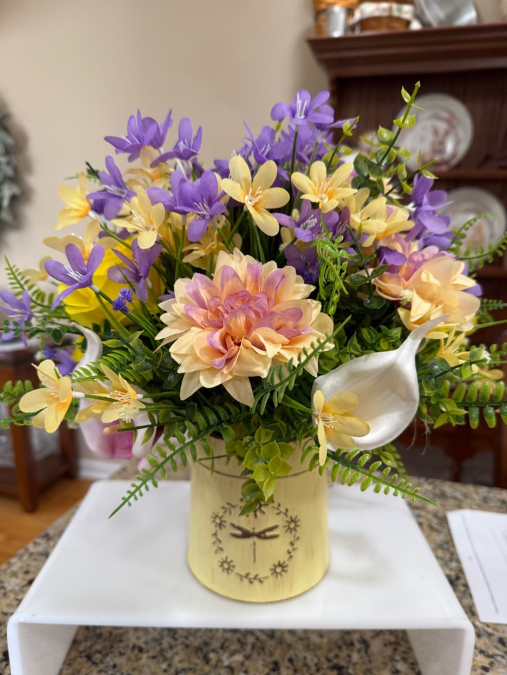 Yellow and Purple Faux Floral Arrangement in Cream Decorative Vase-15 x 16”